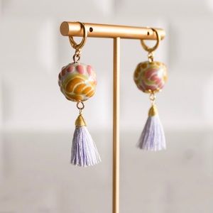 Artisanal Round Pink & Yellow Talavera Tassel Earrings